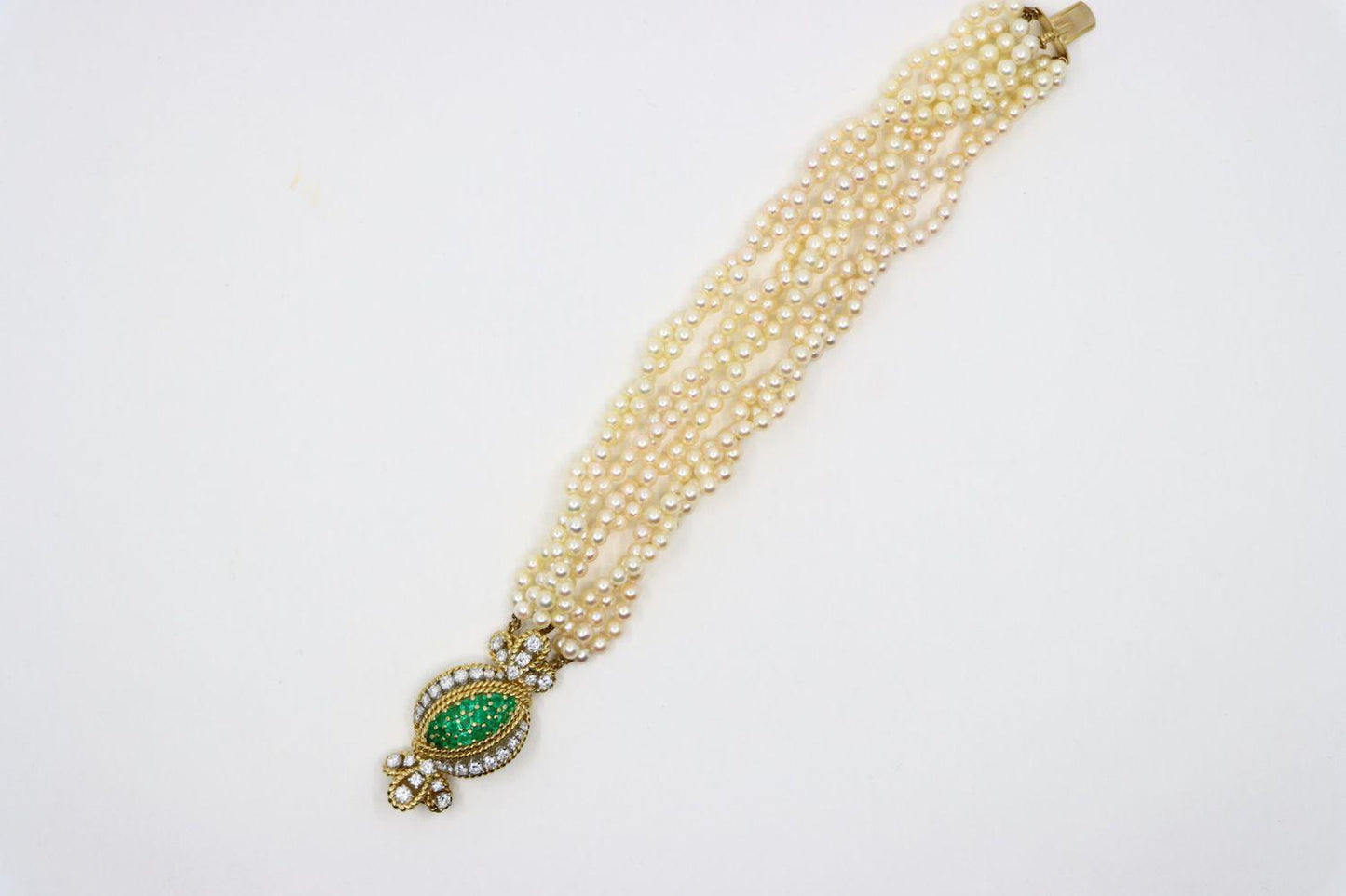 Vintage Gold Emerald Diamond Muti-Stand Pearl Bracelet