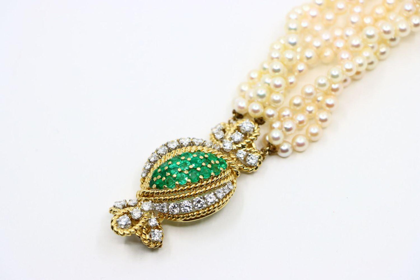 Vintage Gold Emerald Diamond Muti-Stand Pearl Bracelet