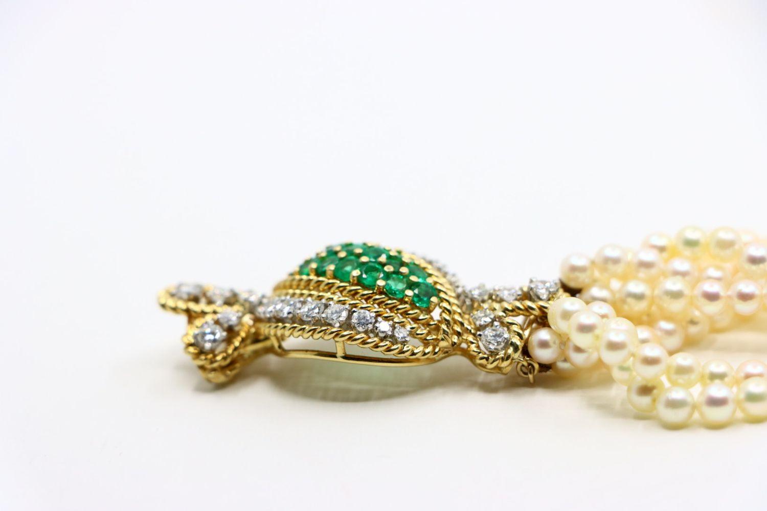 Vintage Gold Emerald Diamond Muti-Stand Pearl Bracelet