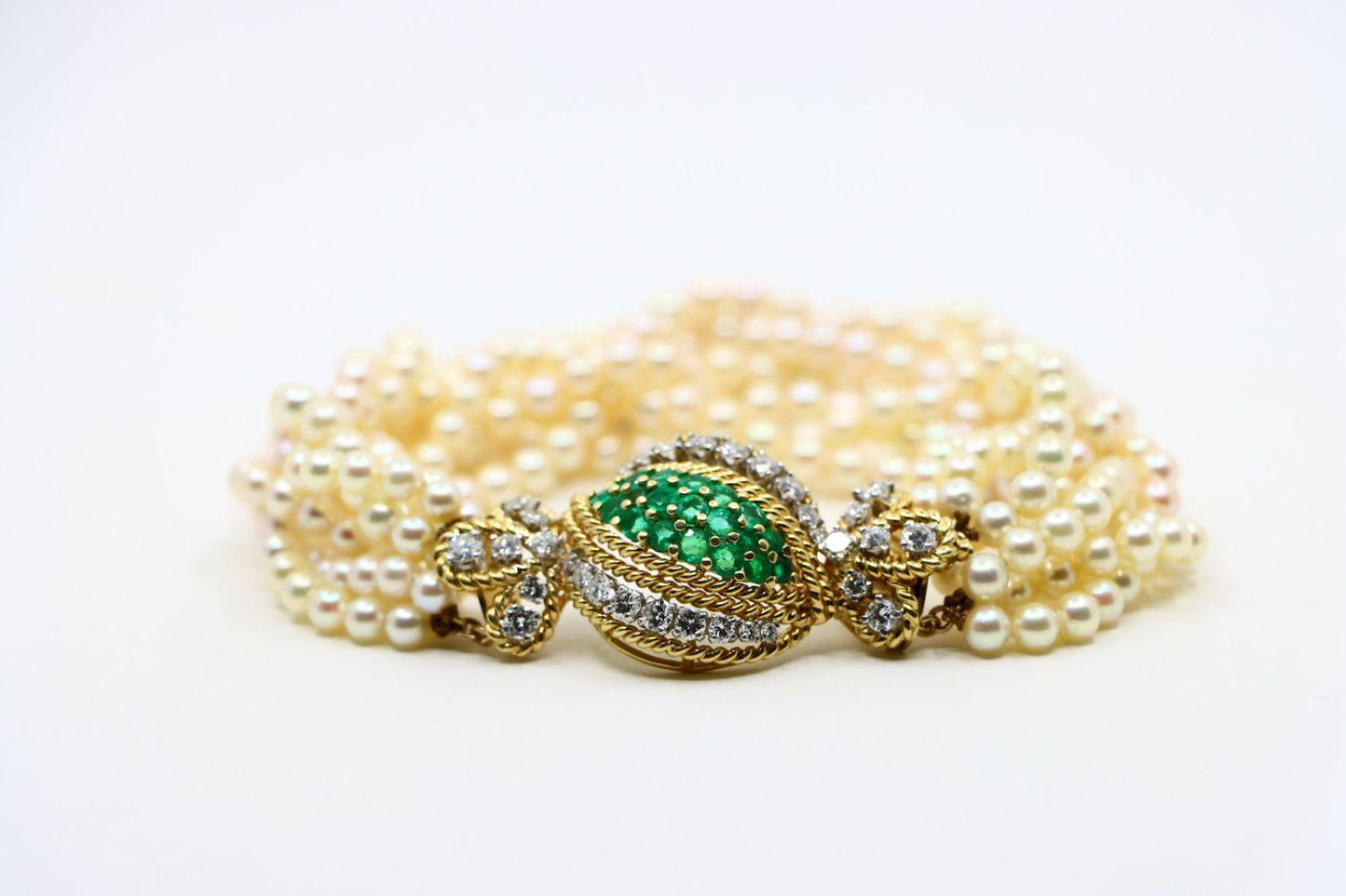 Vintage Gold Emerald Diamond Muti-Stand Pearl Bracelet