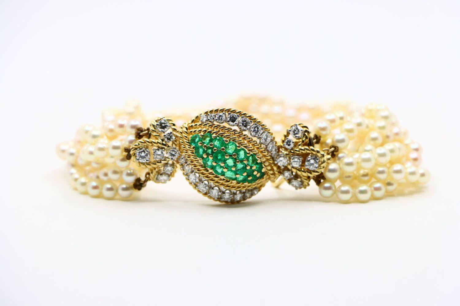 Vintage Gold Emerald Diamond Muti-Stand Pearl Bracelet