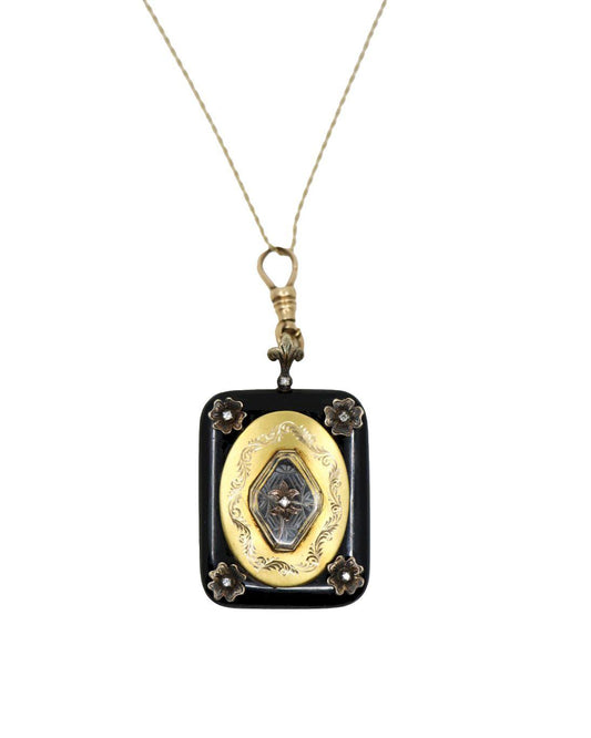 Antique Victorian 14K Gold Black Onyx Pendant Necklace