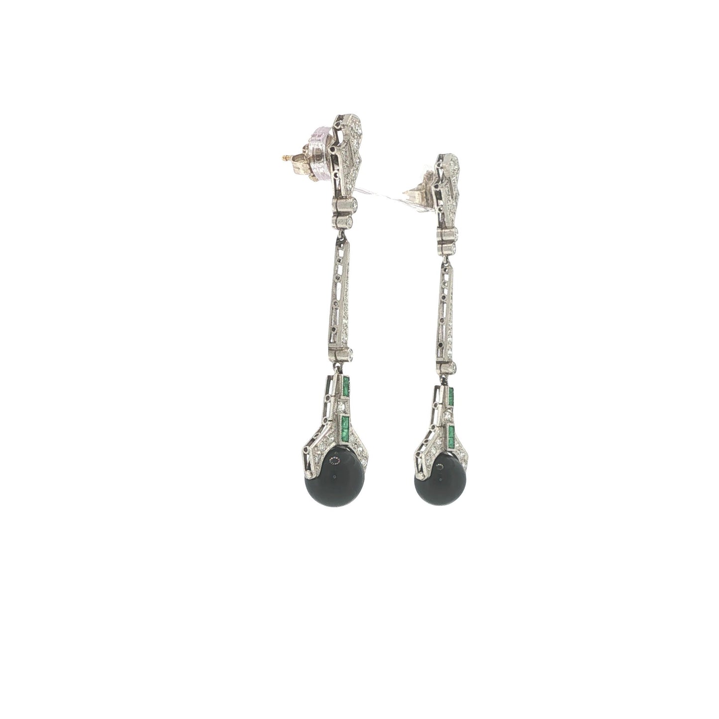 Art Deco Platinum Diamond, Emerald & Onyx Pendant Earrings