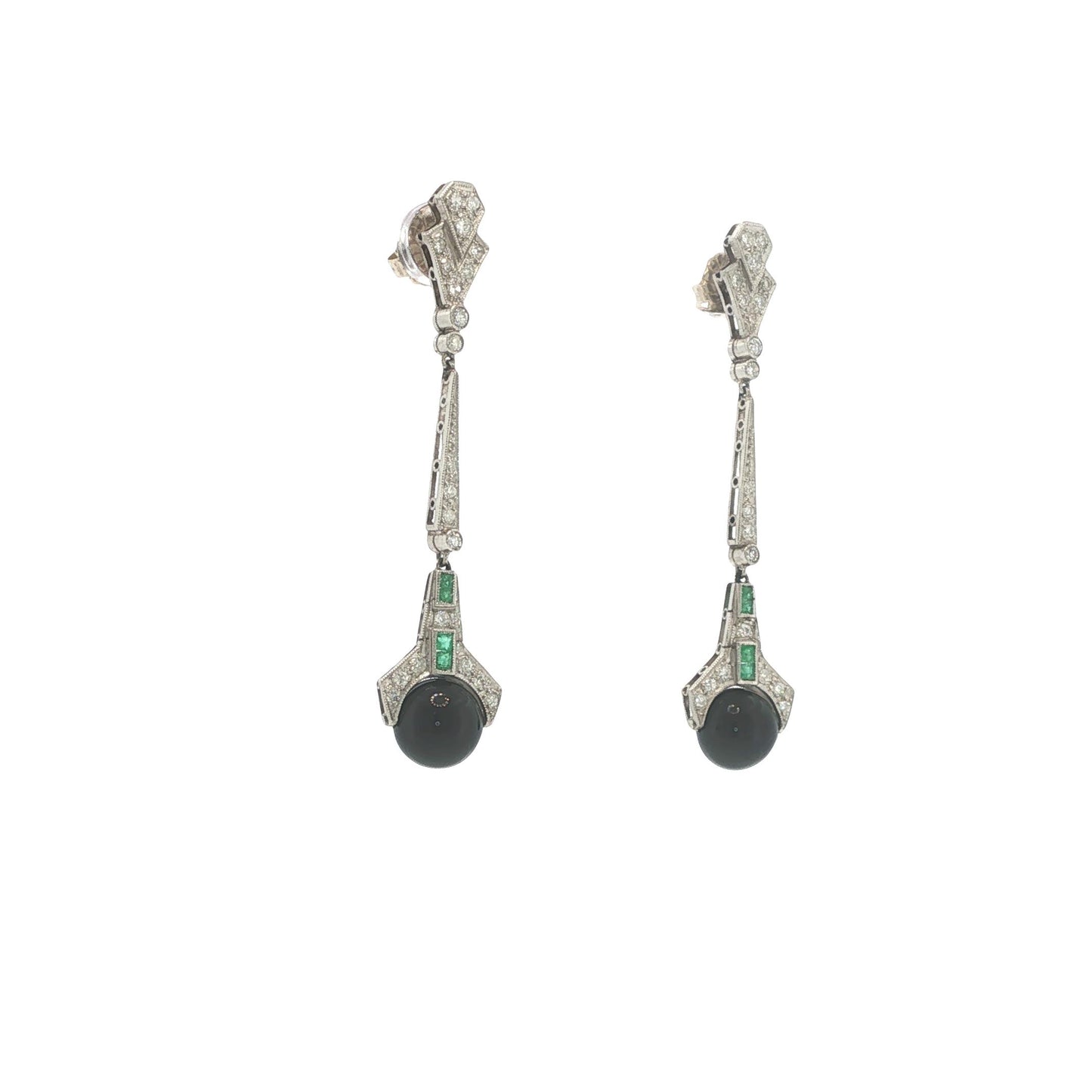 Art Deco Platinum Diamond, Emerald & Onyx Pendant Earrings