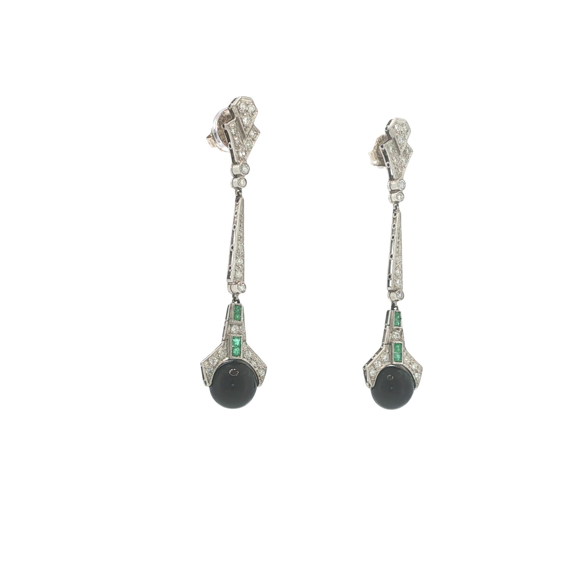Art Deco Platinum Diamond, Emerald & Onyx Pendant Earrings