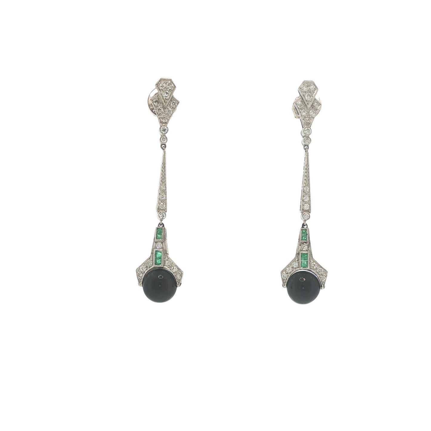 Art Deco Platinum Diamond, Emerald & Onyx Pendant Earrings