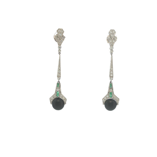 Art Deco Platinum Diamond, Emerald & Onyx Pendant Earrings