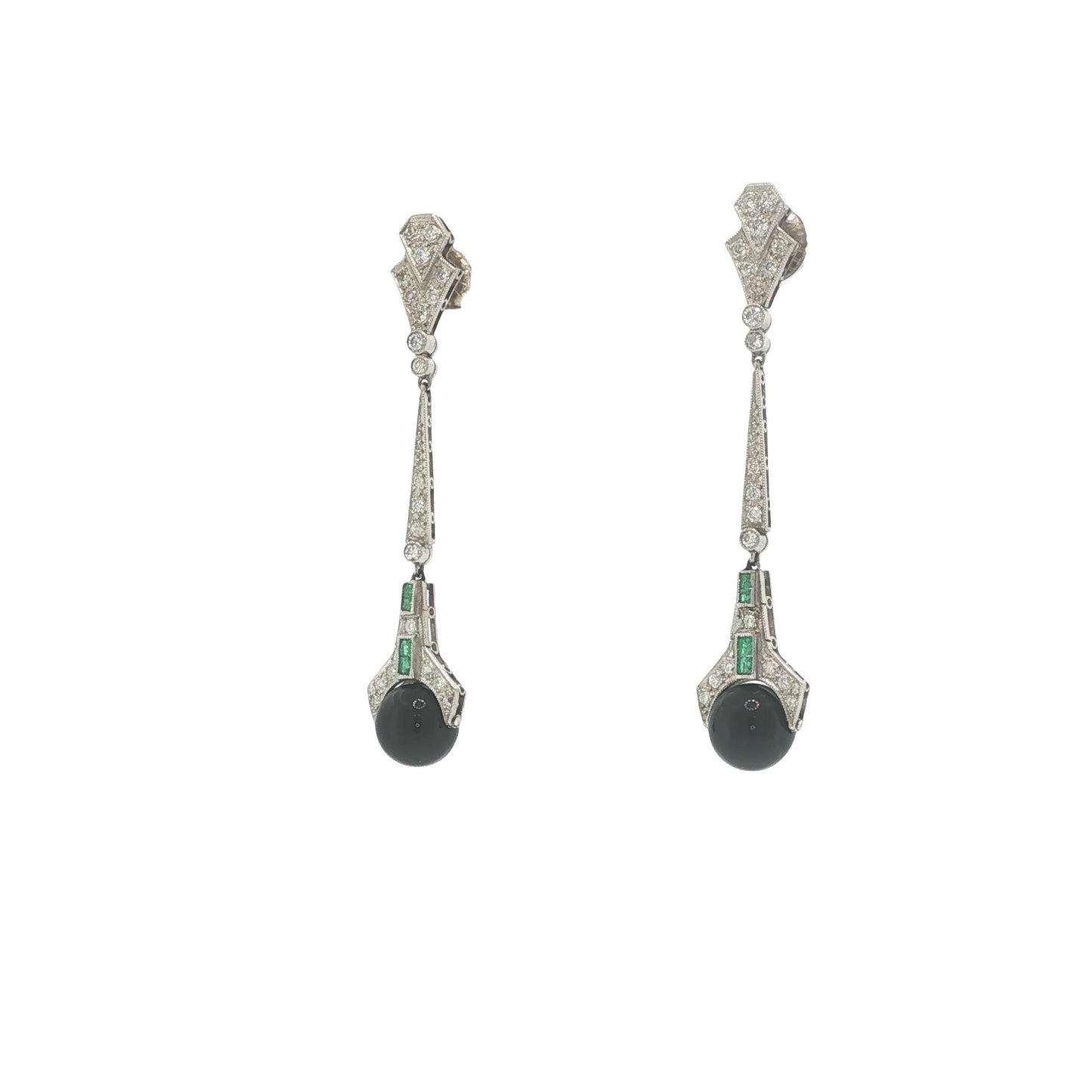 Art Deco Platinum Diamond, Emerald & Onyx Pendant Earrings