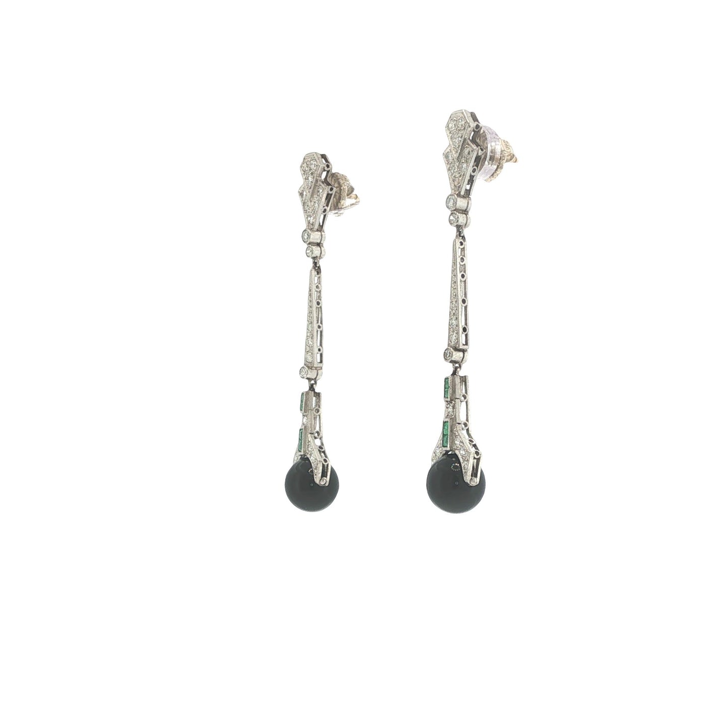 Art Deco Platinum Diamond, Emerald & Onyx Pendant Earrings