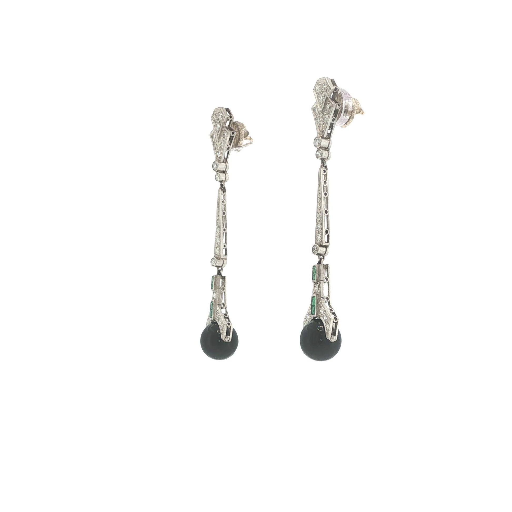 Art Deco Platinum Diamond, Emerald & Onyx Pendant Earrings