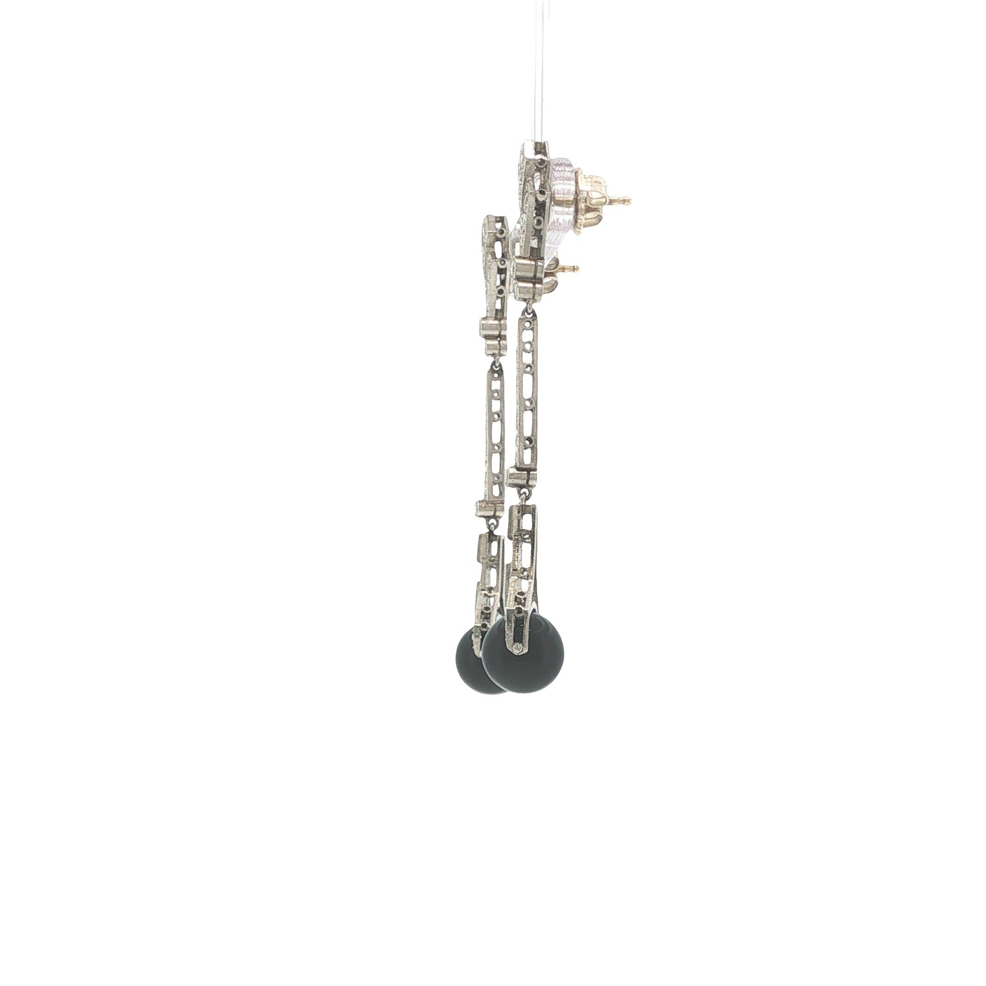 Art Deco Platinum Diamond, Emerald & Onyx Pendant Earrings