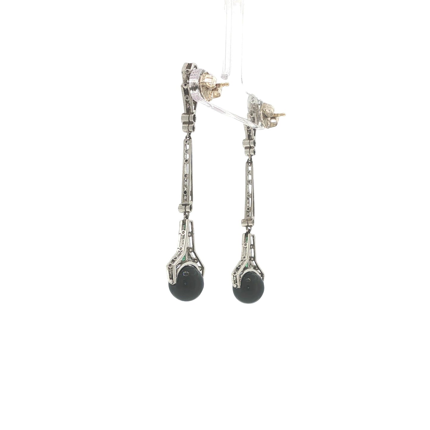 Art Deco Platinum Diamond, Emerald & Onyx Pendant Earrings