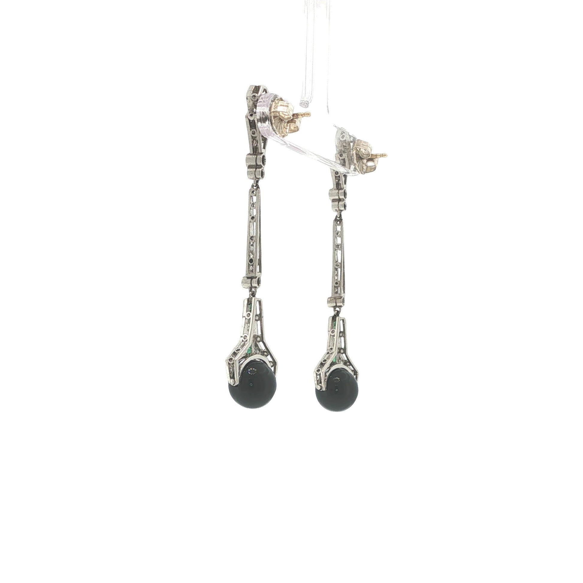Art Deco Platinum Diamond, Emerald & Onyx Pendant Earrings