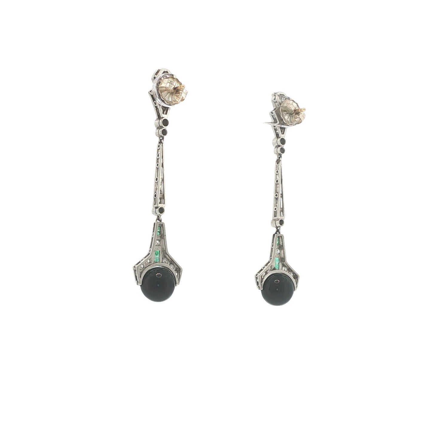 Art Deco Platinum Diamond, Emerald & Onyx Pendant Earrings