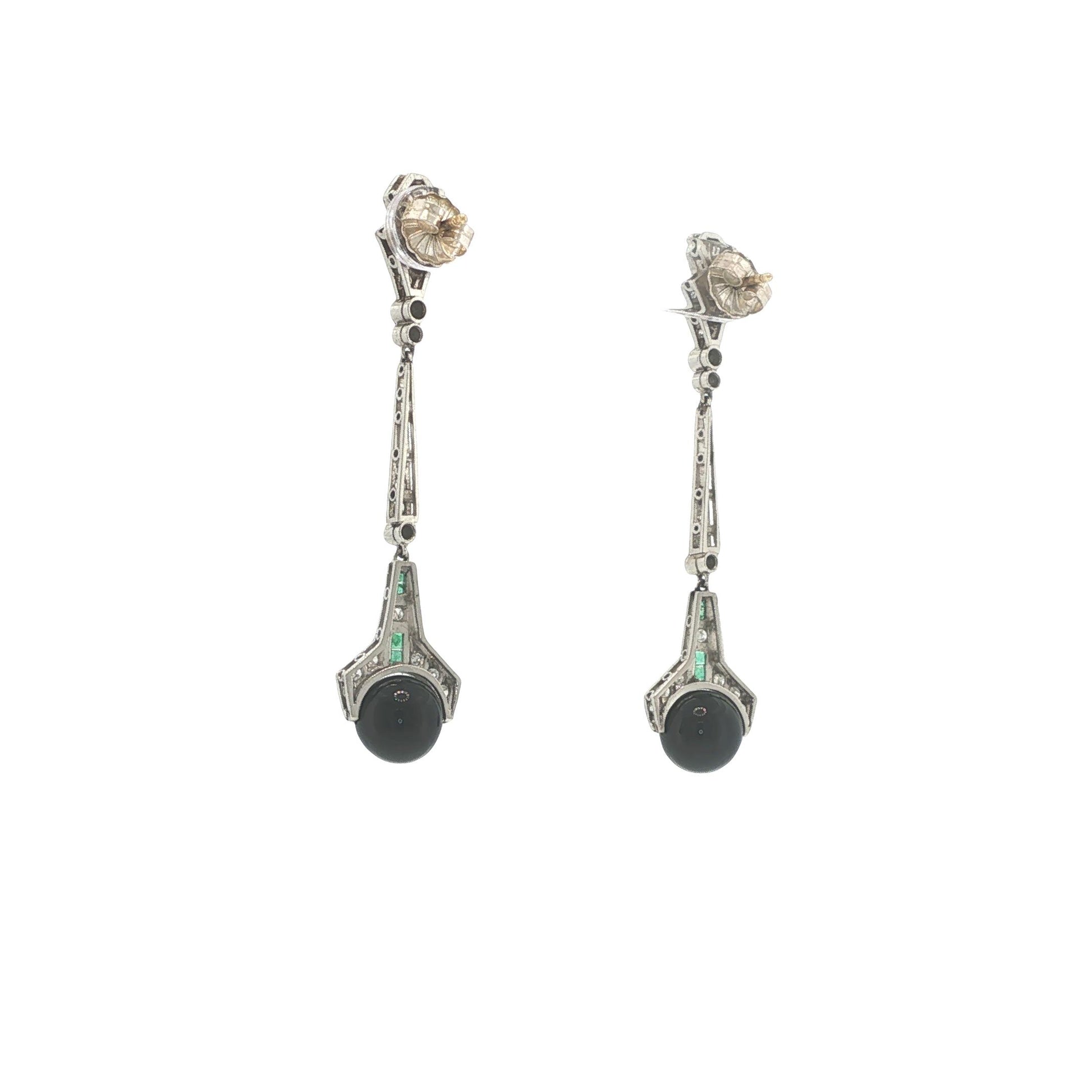 Art Deco Platinum Diamond, Emerald & Onyx Pendant Earrings