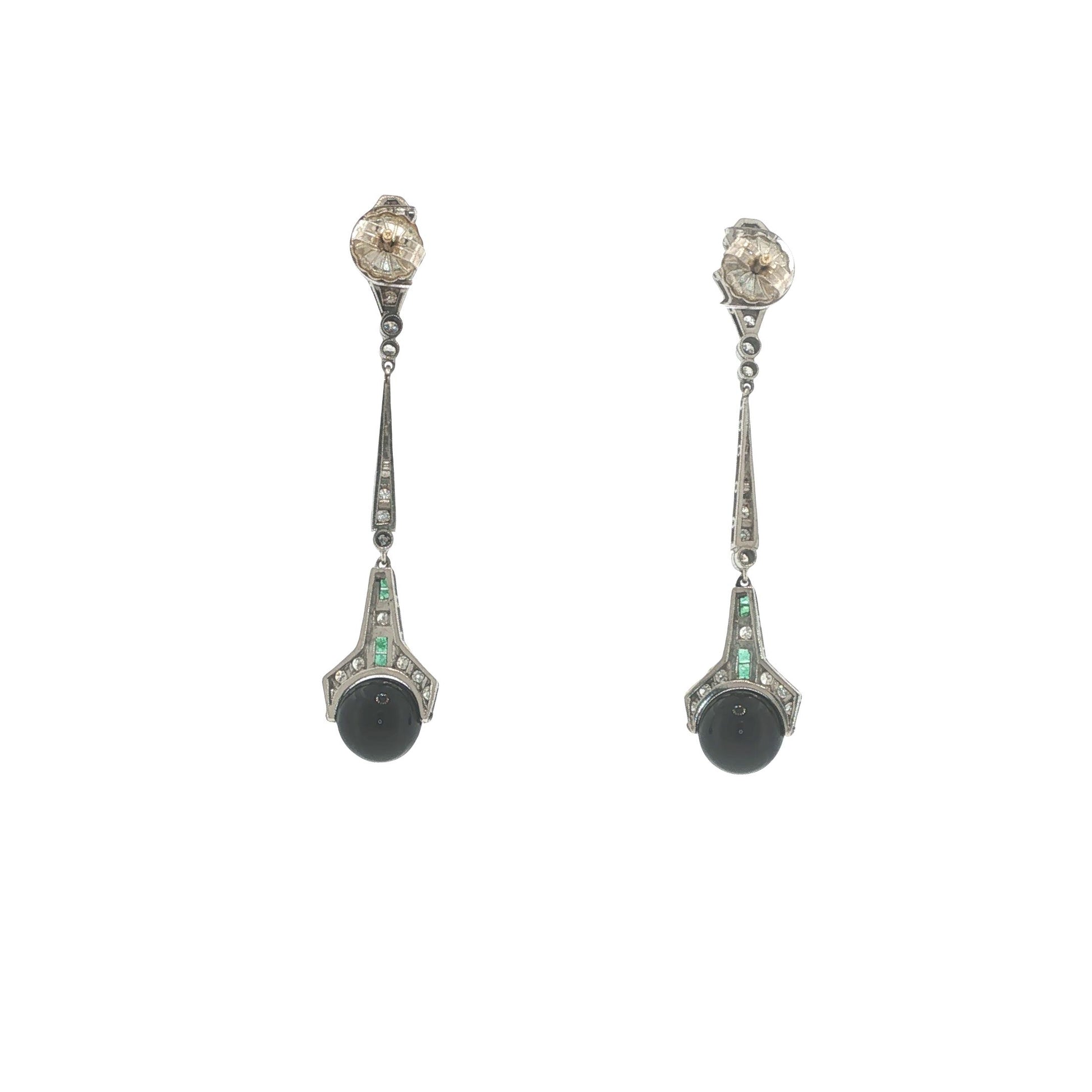 Art Deco Platinum Diamond, Emerald & Onyx Pendant Earrings