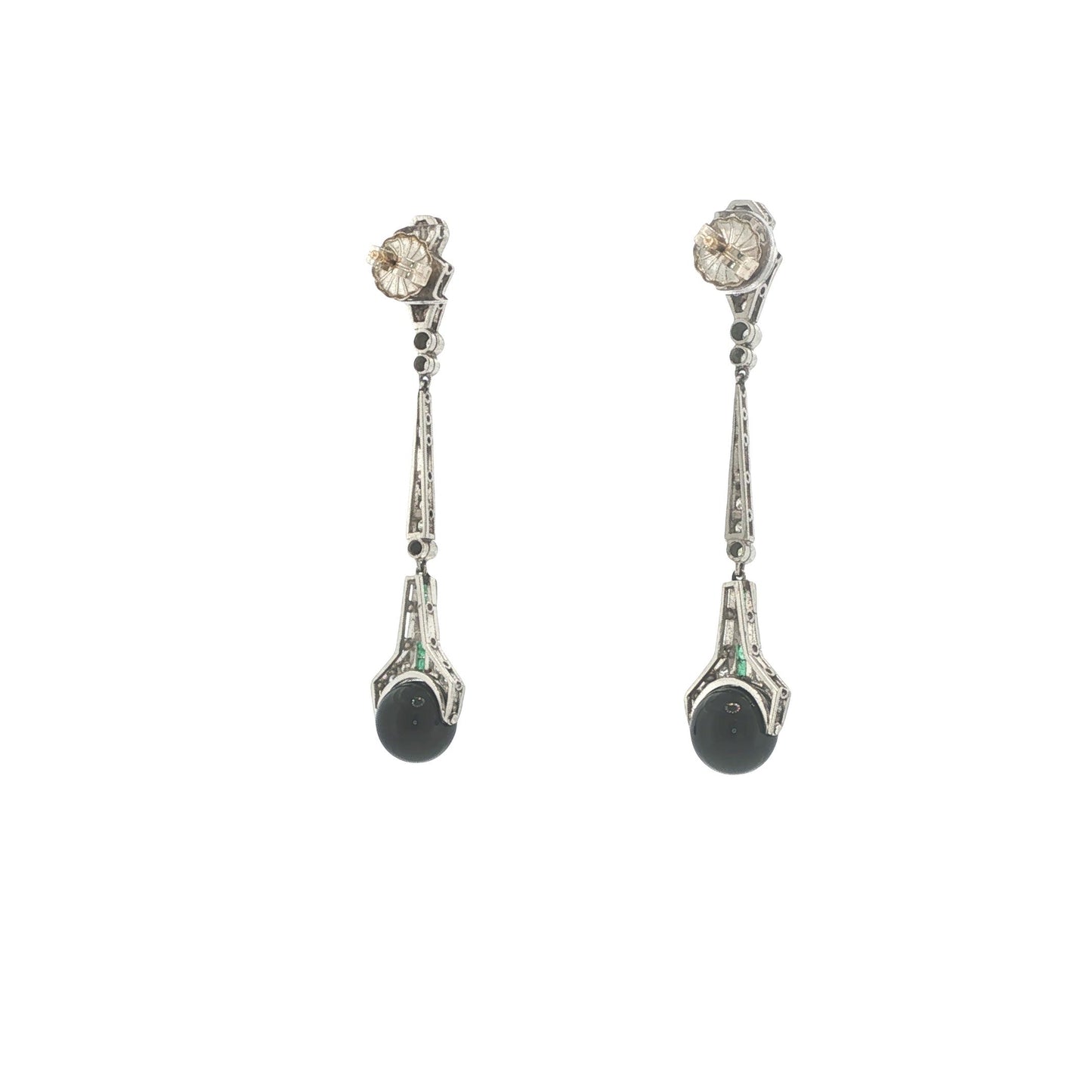 Art Deco Platinum Diamond, Emerald & Onyx Pendant Earrings