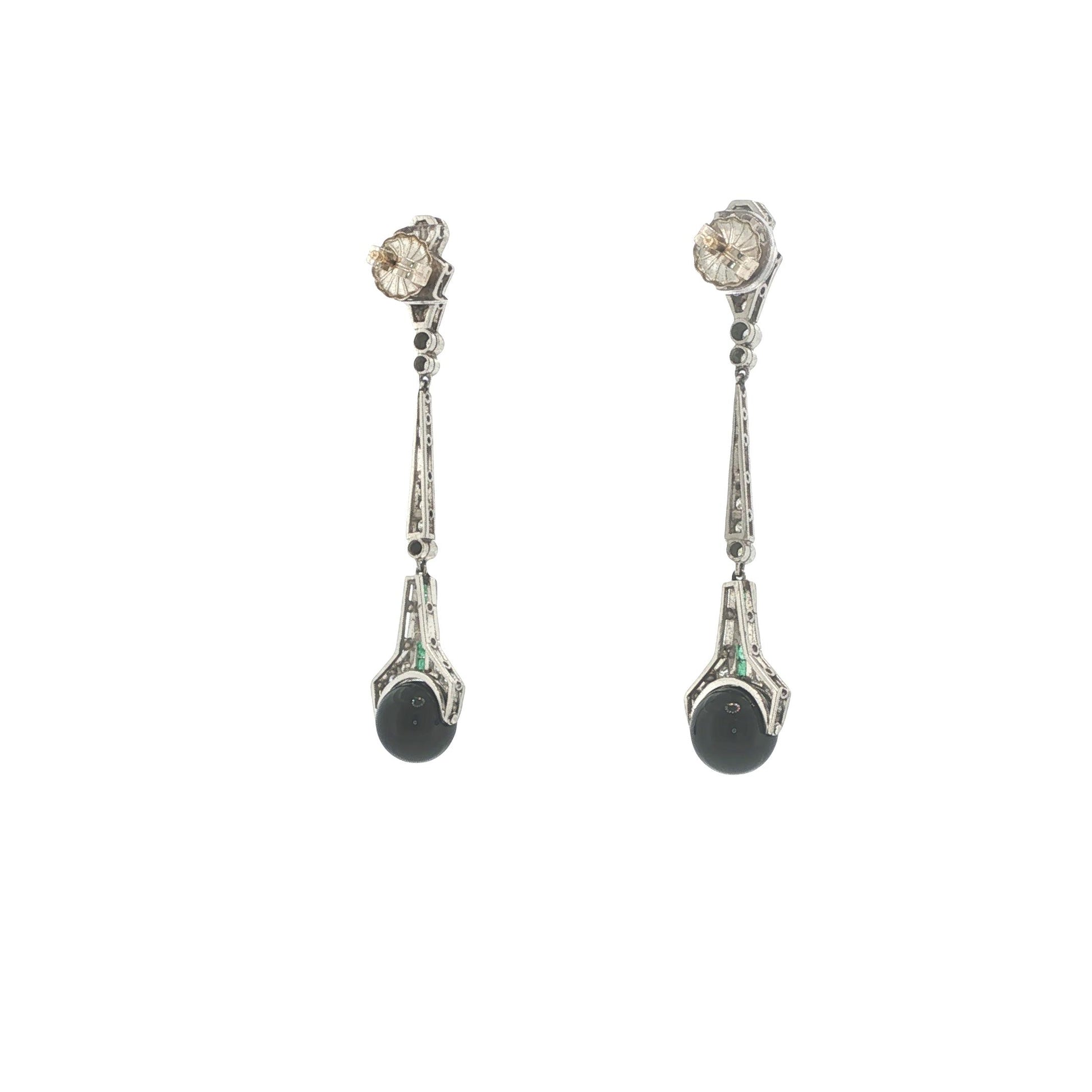 Art Deco Platinum Diamond, Emerald & Onyx Pendant Earrings