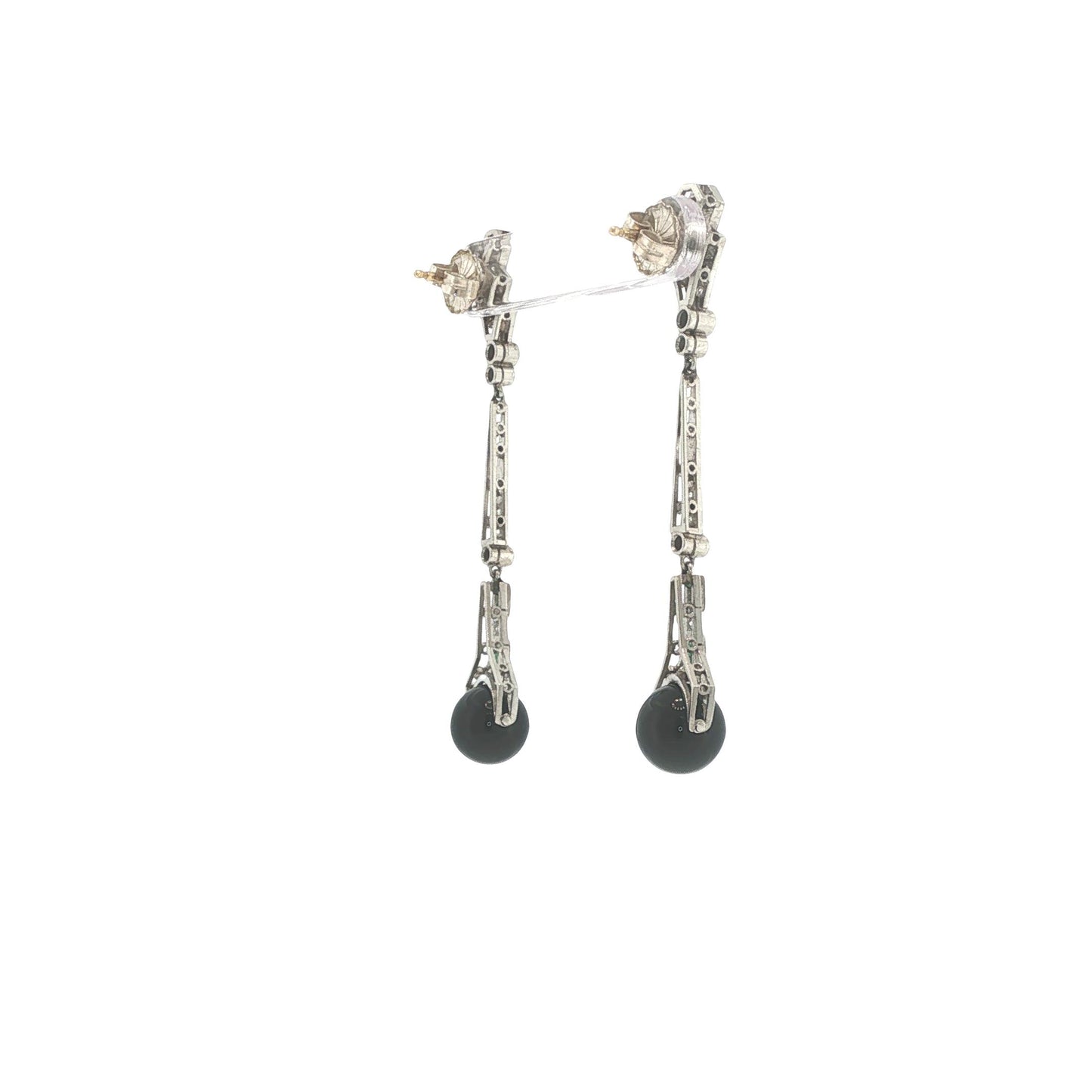 Art Deco Platinum Diamond, Emerald & Onyx Pendant Earrings