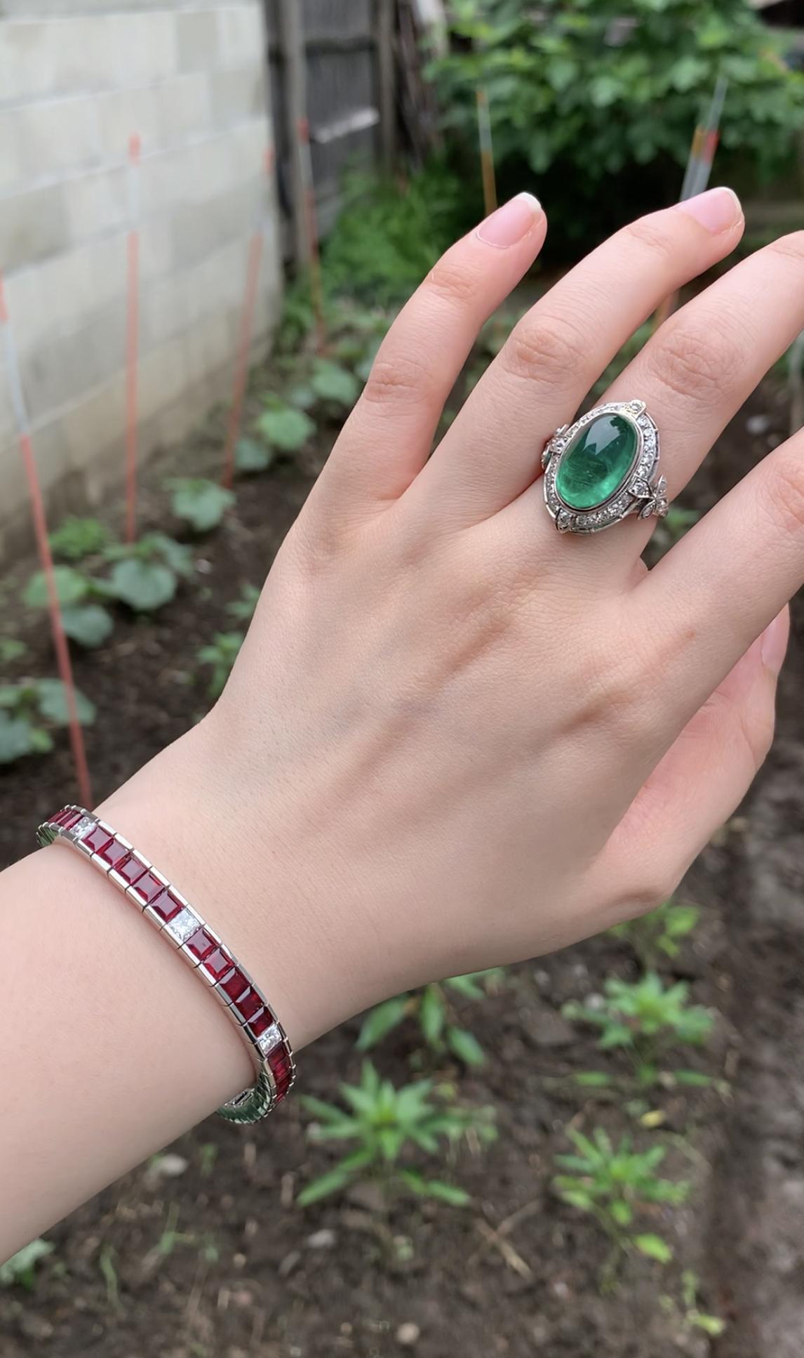 Mid-Century GIA Certified Emerald Cabochon Platinum Ring