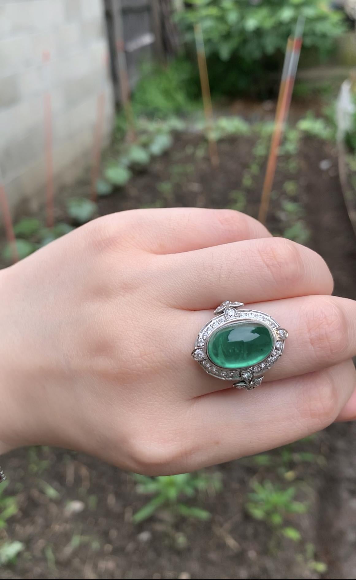 Mid-Century GIA Certified Emerald Cabochon Platinum Ring