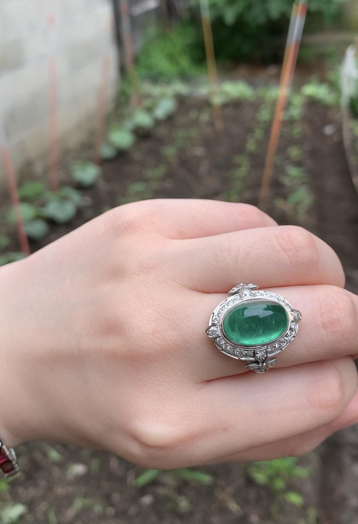 Mid-Century GIA Certified Emerald Cabochon Platinum Ring