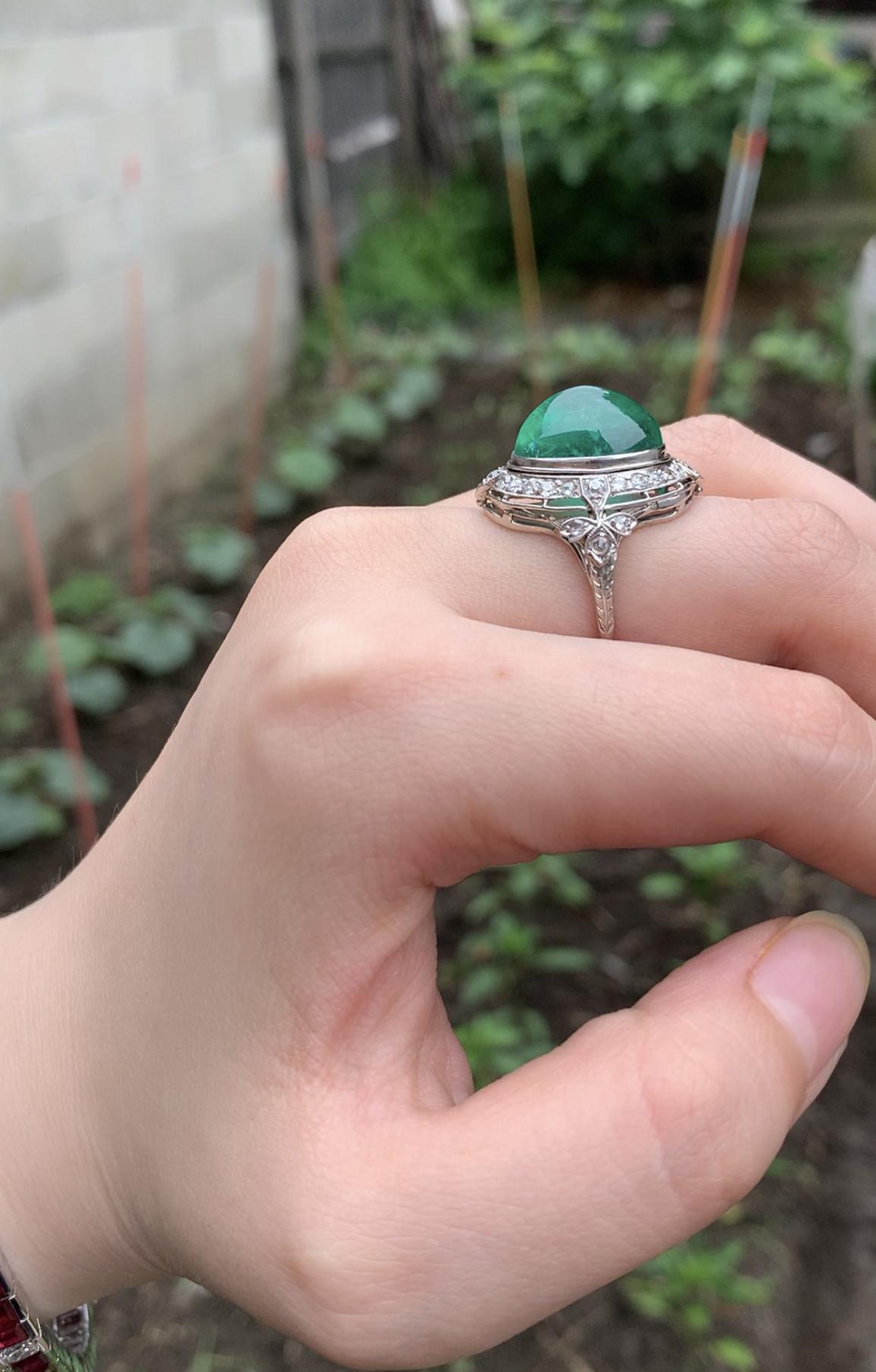 Mid-Century GIA Certified Emerald Cabochon Platinum Ring