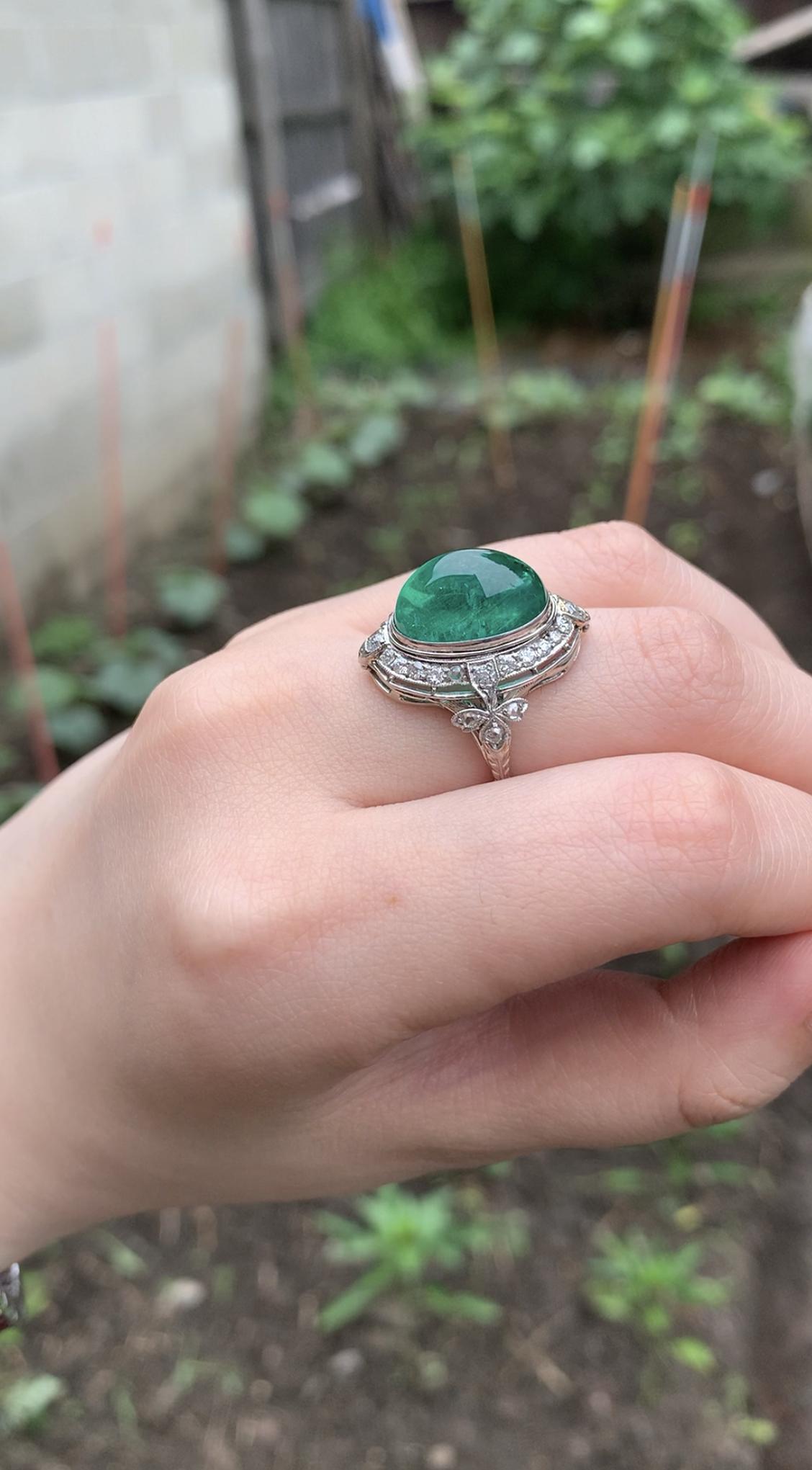 Mid-Century GIA Certified Emerald Cabochon Platinum Ring