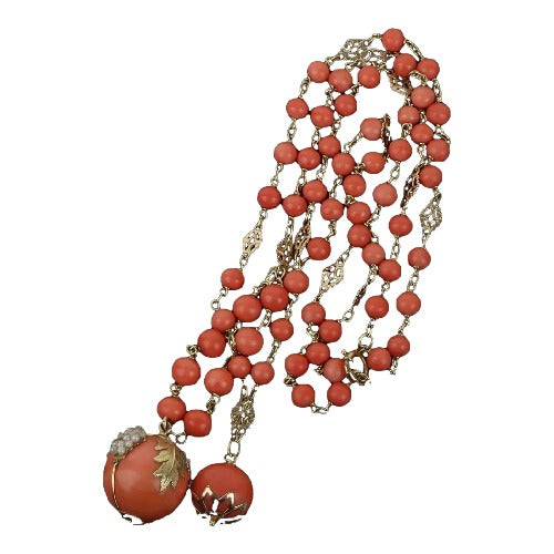 Large Coral Beads & 18K Gold Necklace