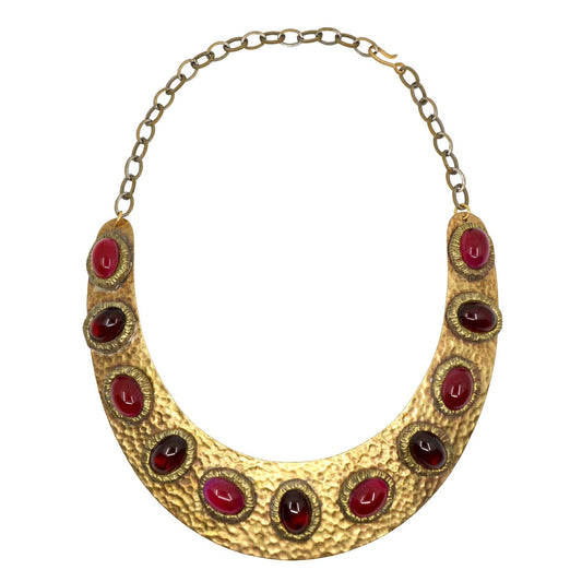 Darren Manes Gold Tone Red Gripoix Cabochons Statement Necklace