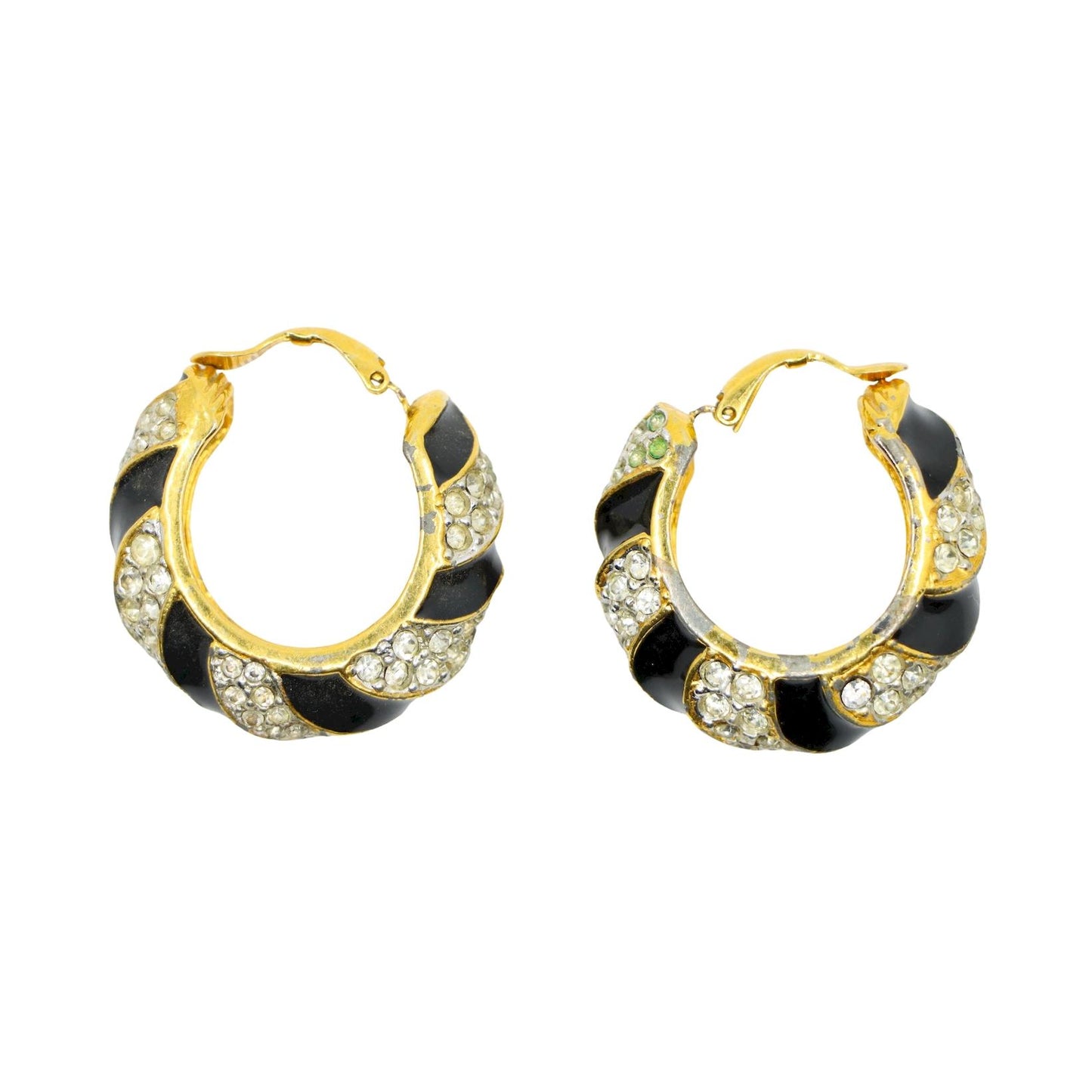 Kenneth Jay Lane KJL Black Enamel Rhinestone Hoop Earrings