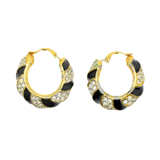 Kenneth Jay Lane KJL Black Enamel Rhinestone Hoop Earrings