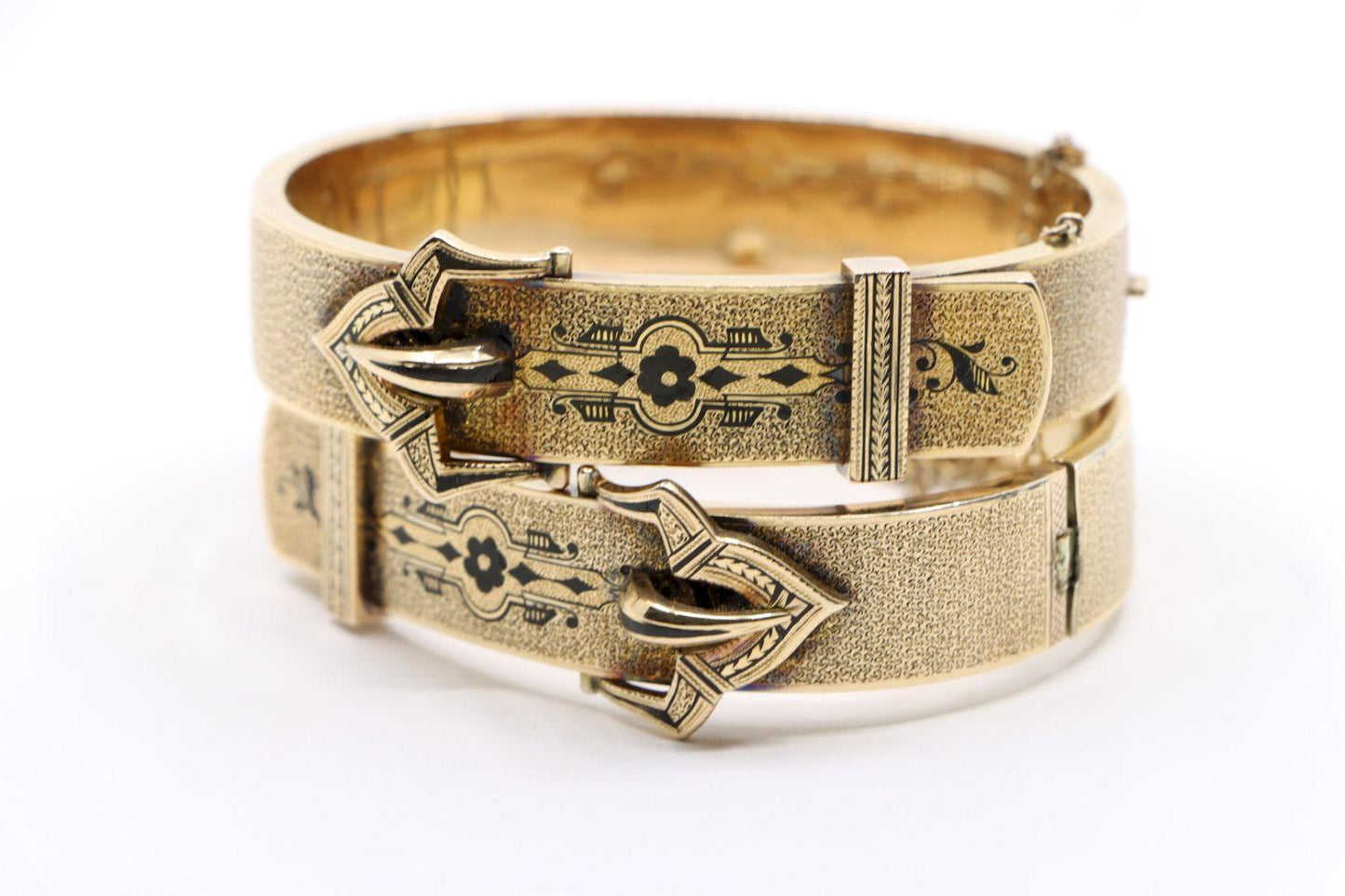 A Pair of Victorian 14K Gold Enamel Belt Bangle Bracelect