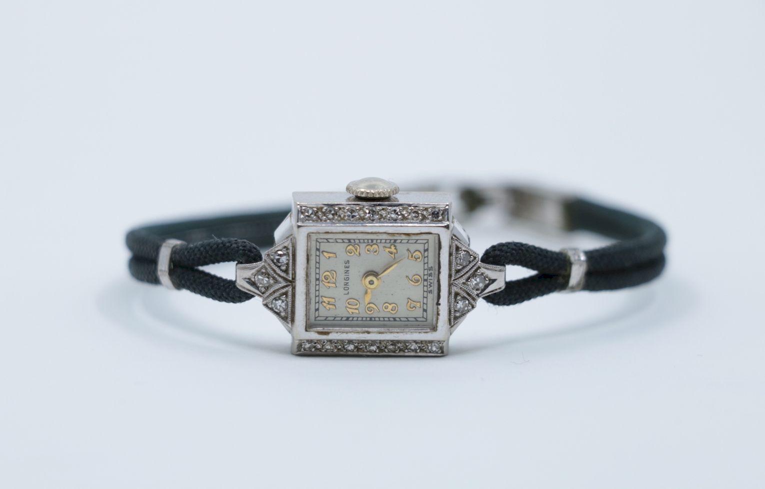 Vintage Longines 14K White Gold Art Deco Diamond Watch Bracelet