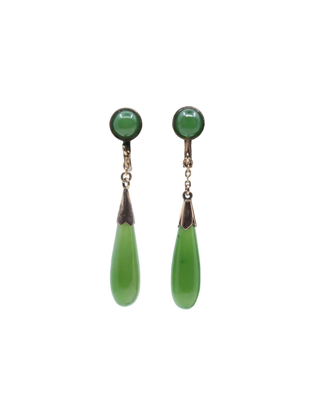 Vintage 18K Gold Natural Jade Dangle Earrings