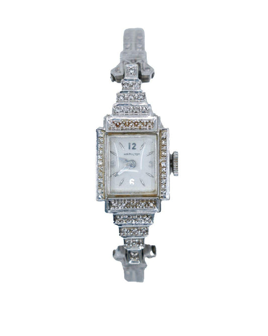 Vinatge Hamilton 14K White Gold Diamond Watch Bracelet