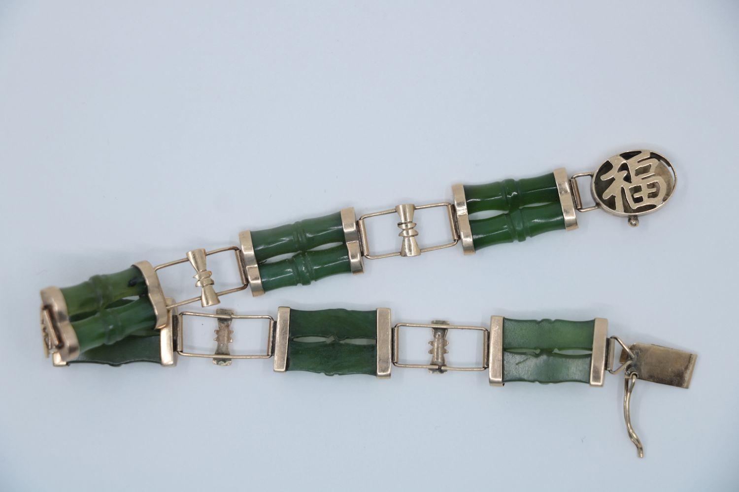 Vintage 14K Gold Jade Bamboo Bracelet