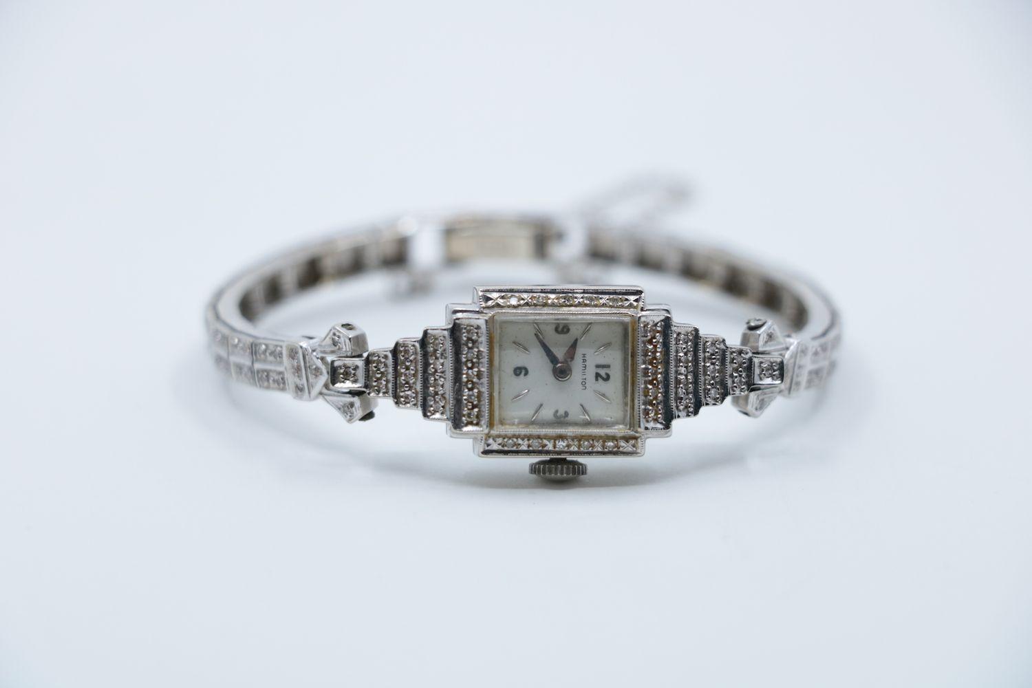 Vinatge Hamilton 14K White Gold Diamond Watch Bracelet