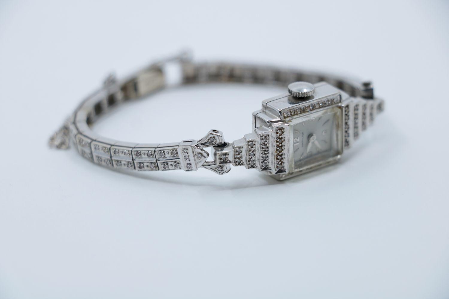 Vinatge Hamilton 14K White Gold Diamond Watch Bracelet