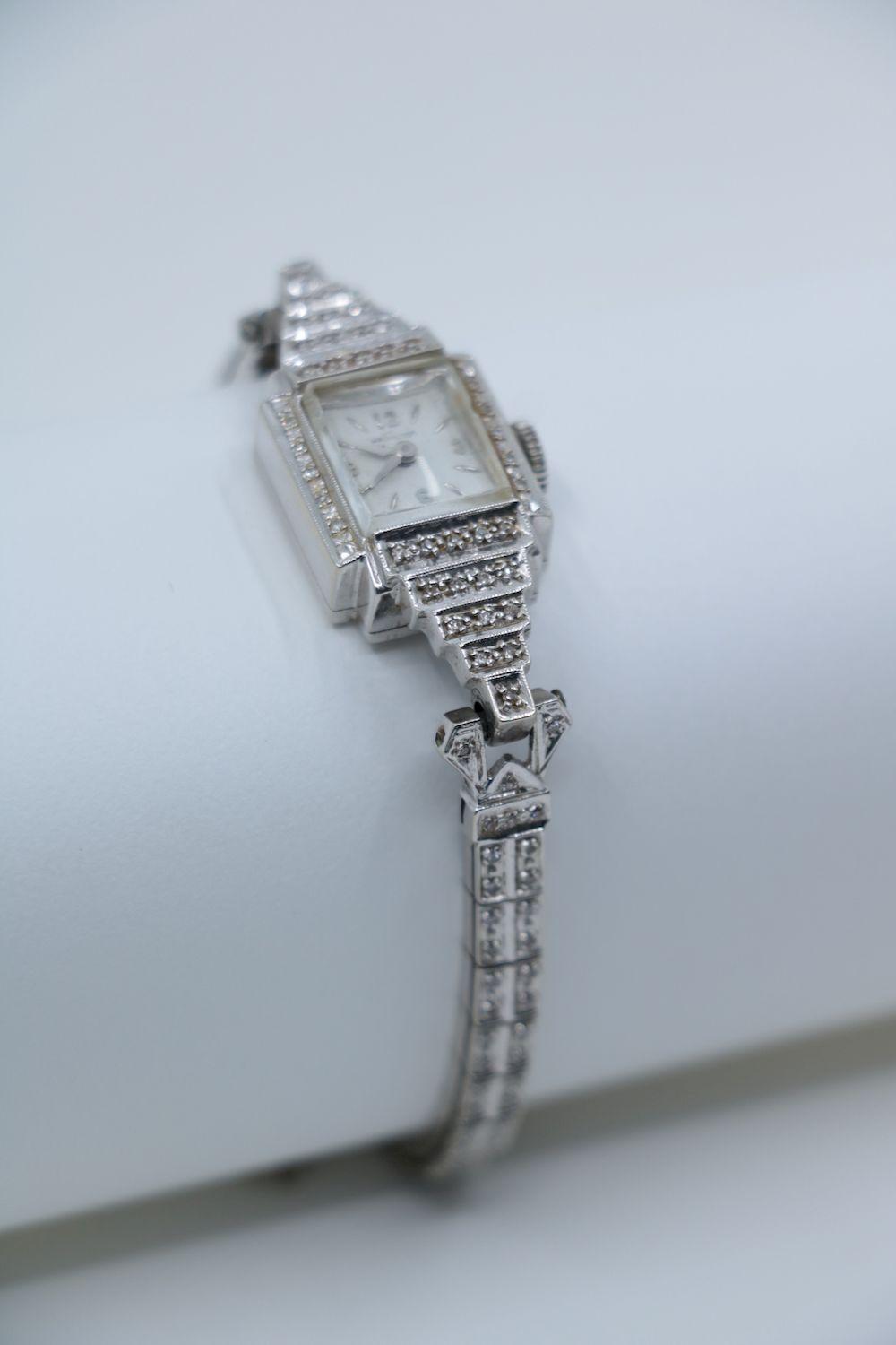 Vinatge Hamilton 14K White Gold Diamond Watch Bracelet