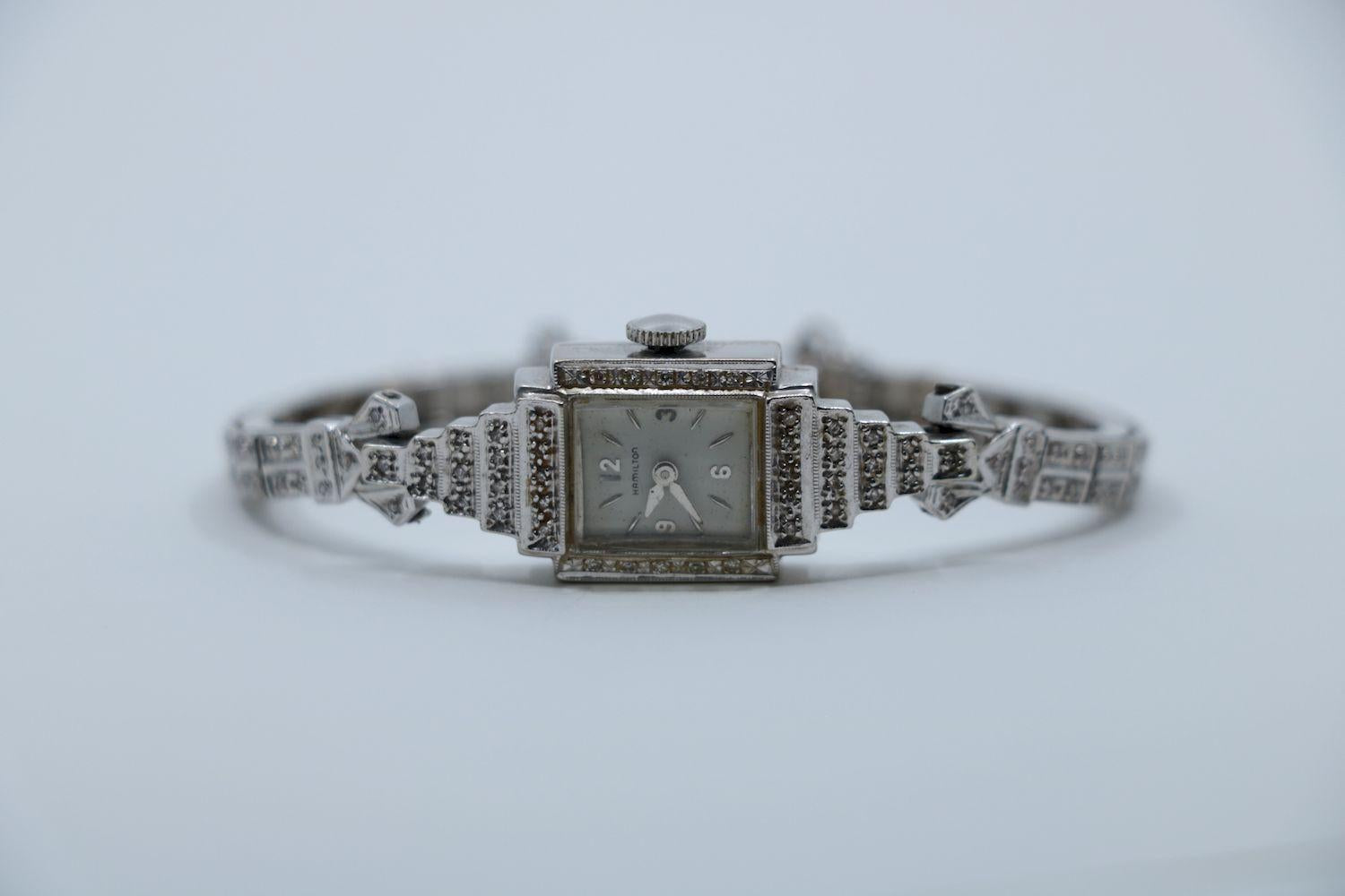 Vinatge Hamilton 14K White Gold Diamond Watch Bracelet