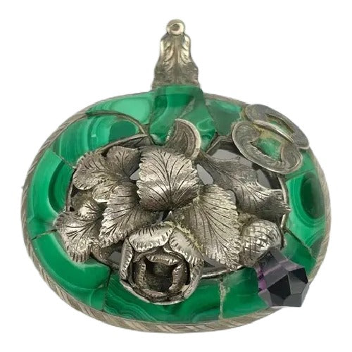 Sterling Silver Malachite Amethyst Brooch Pin