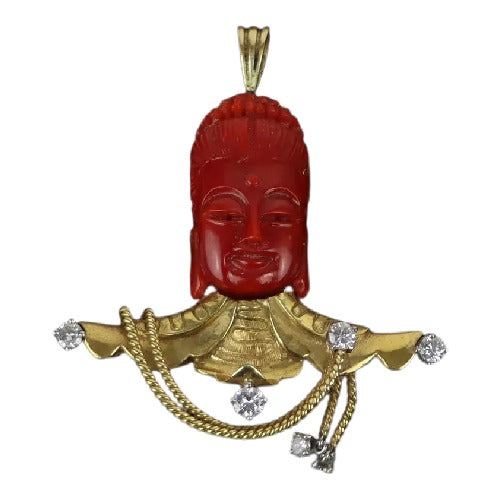 18K Gold Diamond Coral Buddha Pendant