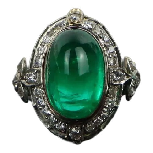 Art Deco GIA Certified Emerald Cabochon Platinum Ring