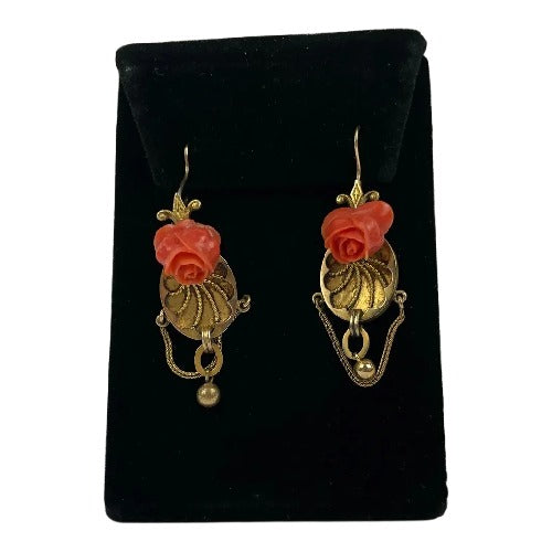 Pair of Victorian 14k Gold Coral Earrings