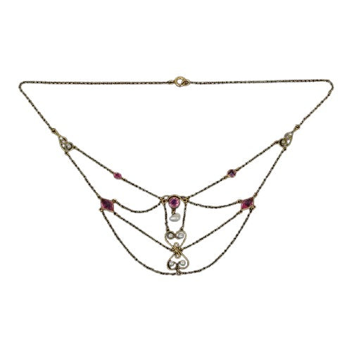 Art Nouveau Pink Topaz & Pearl Swag Necklace