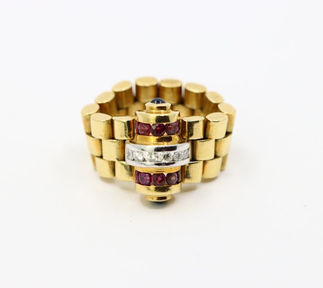 An Interesting Retro 18K Gold Diamond Ruby Ring Watch Strap Link Style