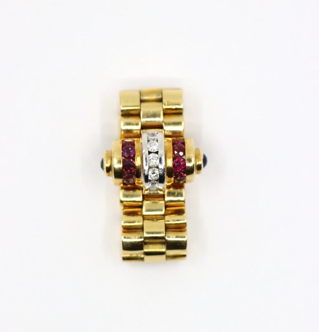 An Interesting Retro 18K Gold Diamond Ruby Ring Watch Strap Link Style