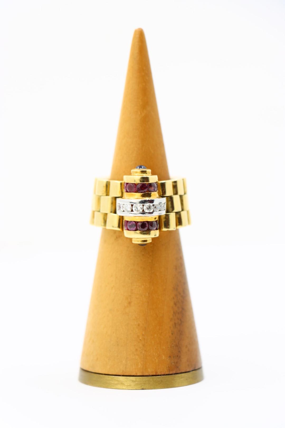 An Interesting Retro 18K Gold Diamond Ruby Ring Watch Strap Link Style