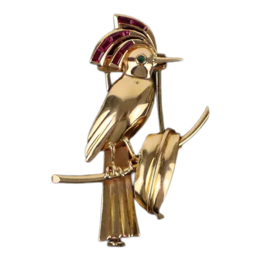 Retro 14k Gold Ruby Bird Brooch Pin